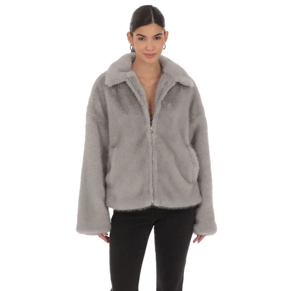 LUCY IN THE SKY Women's Fitted Polyester Zip-Up Faux Fur Outerwear Garment, Grey Modest Fashion Jacket