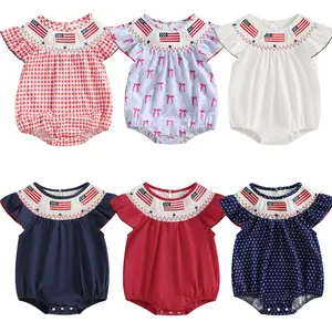 Infant Baby Girl 4th of July Outfit Newborn Embroidered Flag Plaid Bubble Romper Smocked Bodysuit Cute Summer Clothes