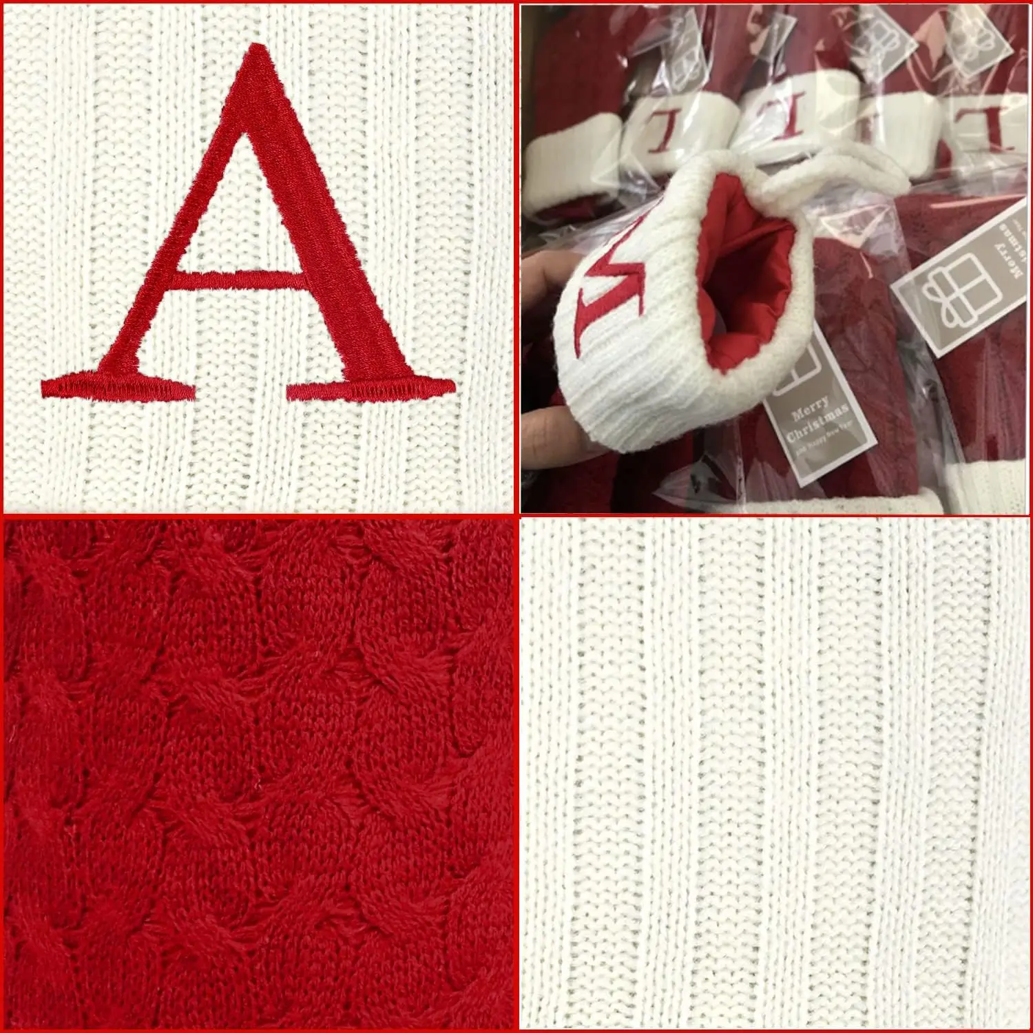 Small M Knit Fabric Christmas Stocking, 7.1 In Initial Embroidered Letter Red White Stocking for Family Holiday Decorations, Home Supplies Xmas Tree Fireplace Accent