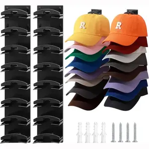 2 Pack Hat Organizer for Baseball Caps, Wall Mounted Hat Rack with Strong Adhesive, Holds Up to 16 Hats, 12.6x2.3 Inch Black Hat Hanger, Multilayer Cap Storage Organizer for Closet Door Bedroom Home Organization