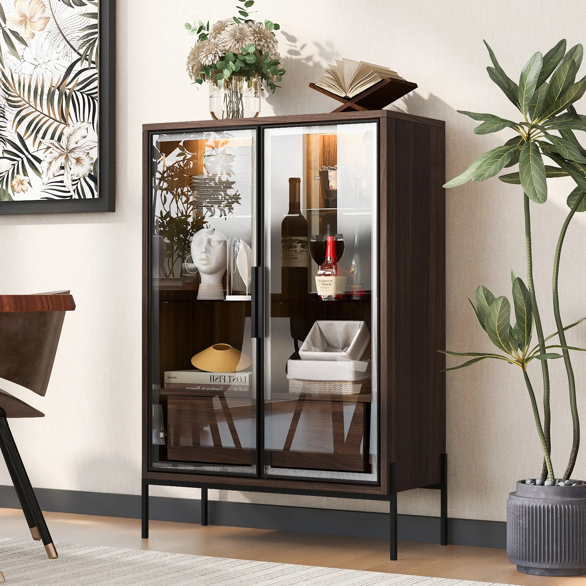 51.2'' Freestanding Display Cabinet with Glass Doors, Curio Cabinet with 4-Tier Adjustable Shelves, 2 Storage Drawers and LED Light, Pantry Storage for Living Room Kitchen Office, Walnut, Living Room Table for Sofa Side, Bedroom, Office