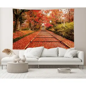 1pc 51" x 60" Japan Tapestry Wall Hanging, 100% Polyester Peach Skin Velvet, Woven, Transverse Orientation, >200g/㎡, Use Without Electricity, Japanese Fallen Red Leaves at Bishamondo, Kyoto'S Outskirt District Autumn Scenery Background, for