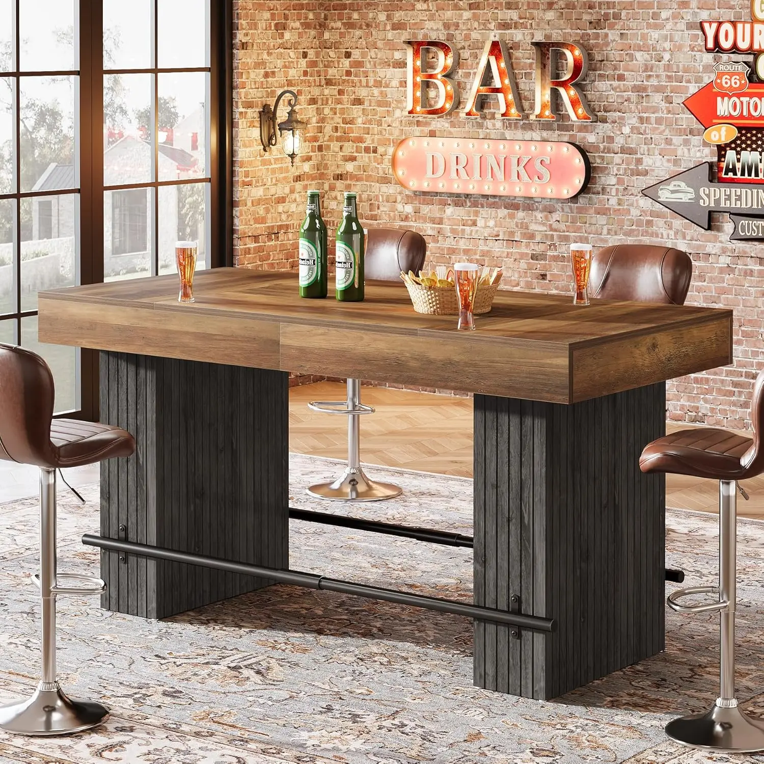 TRIBEWOOD 62.2x31.1" Industrial-Rustic High Top Rectangle Bar Table, MDF Wood Rustic Brown Tabletop, Dark Slatted Metal Base with Footrest, for Kitchen & Living Room Home Bar Island (Table Only)