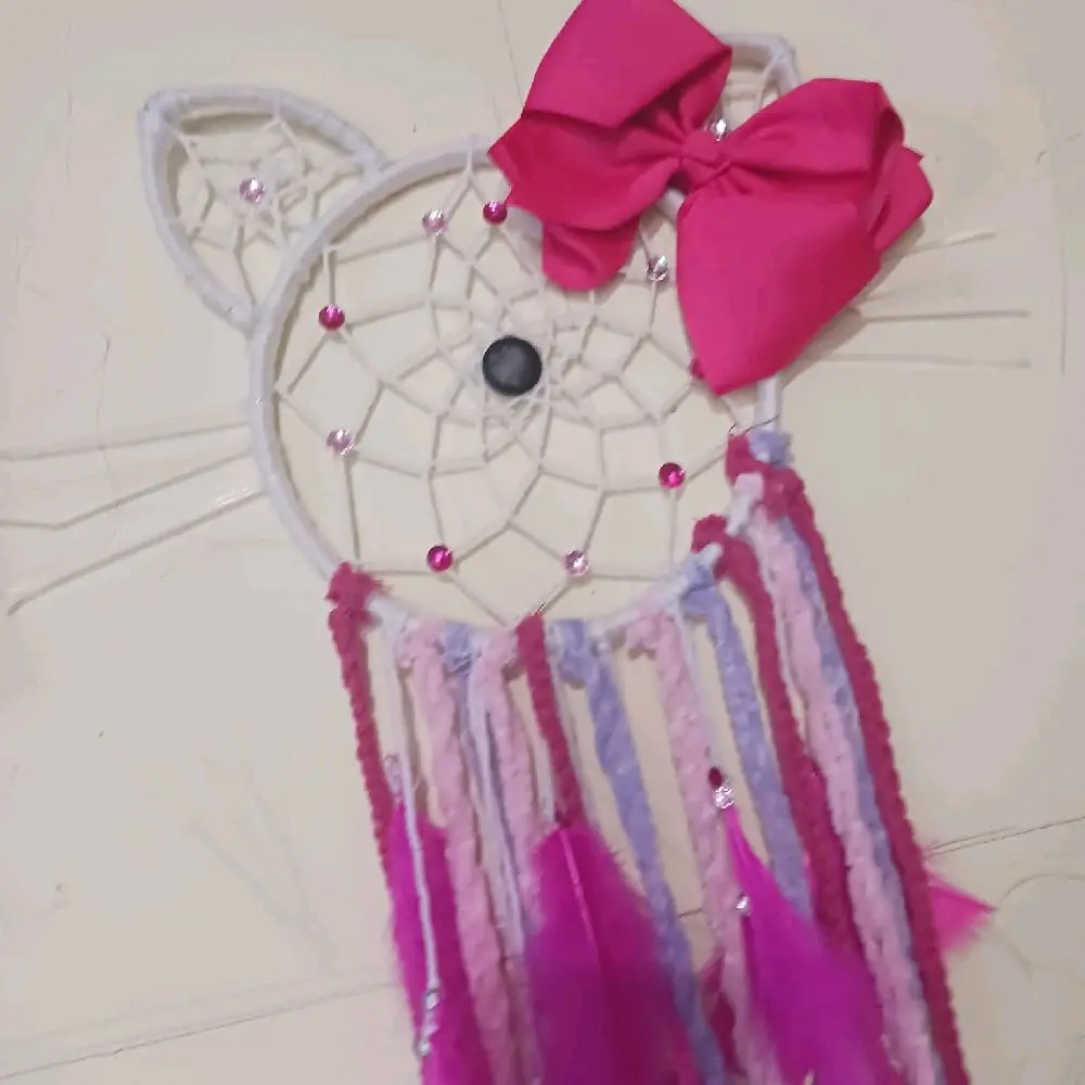 Cat Dreamcatcher with Pink Bow and Colorful Tassels - Detailed View Product