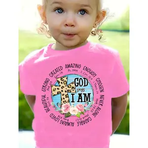 Girls T Shirts God Says I Am Cross With Flowers And Bible Verses Print 100% Cotton Short Sleeve T Shirt