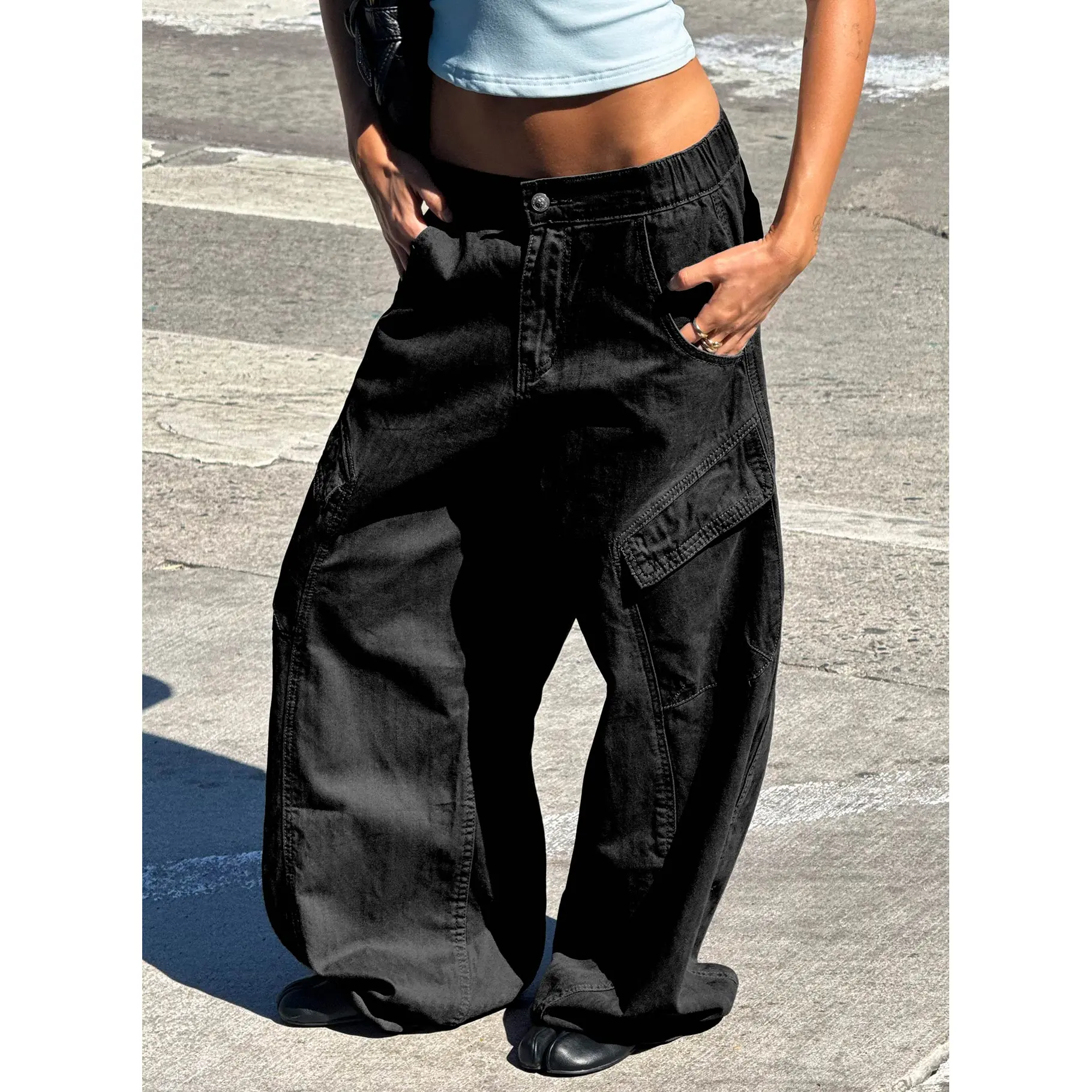 Selective Memory Low Rise Wide Leg Cargo Pants Dark Charcoal