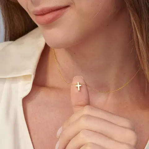 Women's 14 Karat Gold/Silver Plated Dainty Cubic Zirconia Sideways Cross Necklace Pendant - 16.5''+2'' Cross Chain, 0.39''×0.26''(10mm×6.5mm) Faith Style Jewelry, Gold-Detailed Anniversary Birthday Gift