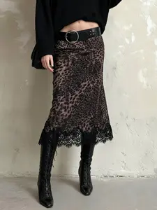 Women's Leopard Lace Patchwork Midi Skirt, Low Waist Y2K Vintage Street Fashion, Slim-Fitting Summer Skirt Without Belt, Leopard Printed Skirt