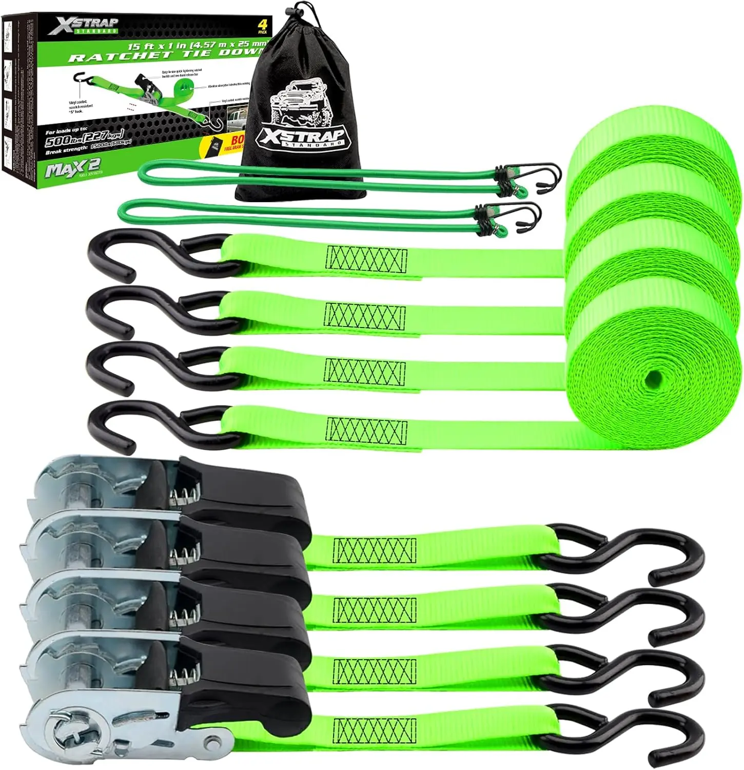 XSTRAP Heavy-Duty Ratchet Tie Down Straps - 4-Pack, 15ft Length, 1500lb Strength, Bonus Bungee Cords