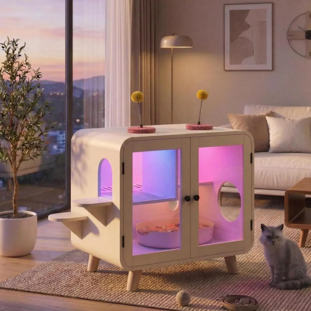 Beige + Glass + MDF + Cat