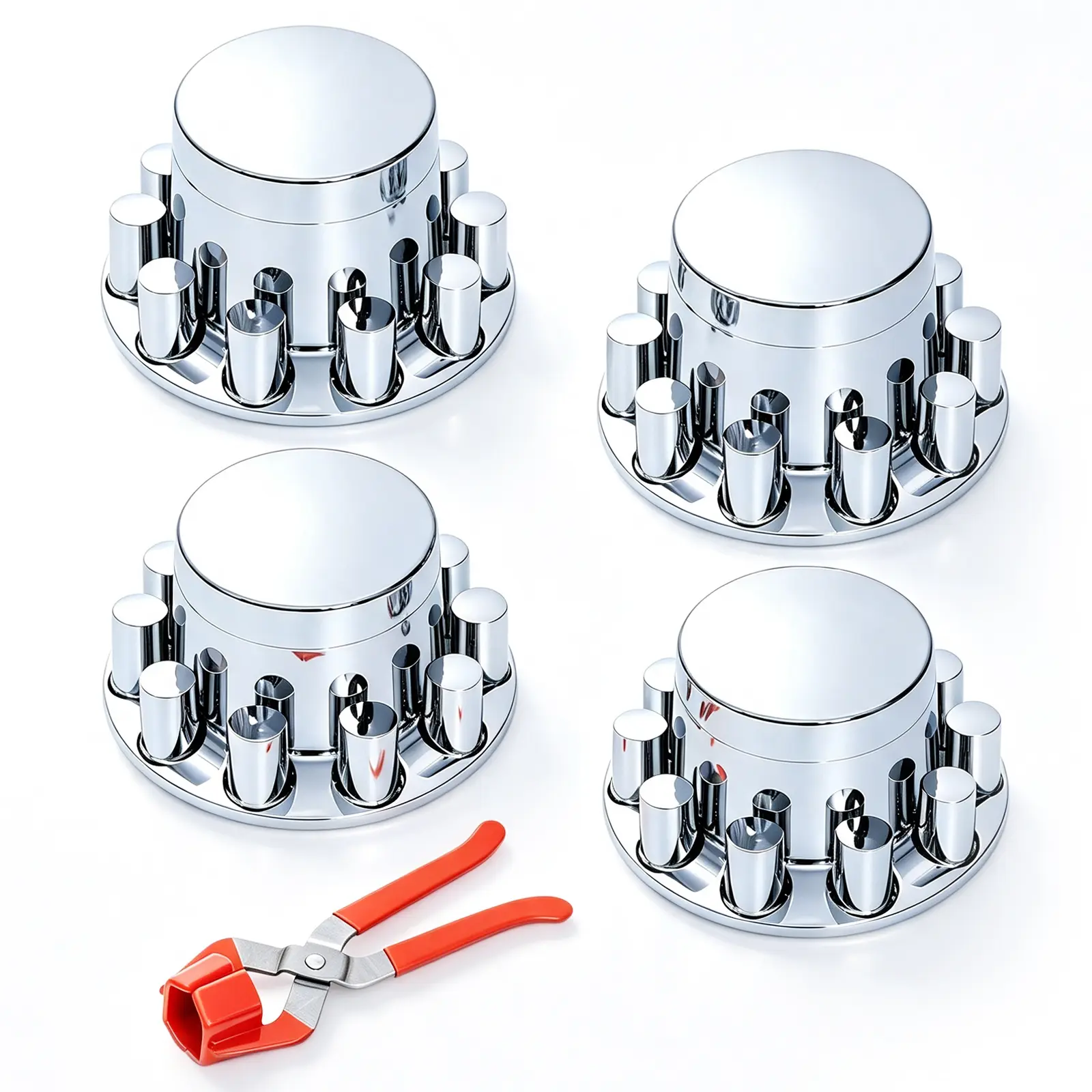 4 Flat-Top Rear Axle Hub Covers & 33mm Thread-On Chrome Lug Nut Covers - Corrosion-Resistant Cylinder Design, Waterproof, Performance Auto Replacement Parts to Protect 10-Lug Semi Trucks & Trucks Wheels (Clean Look), Mirror Finish