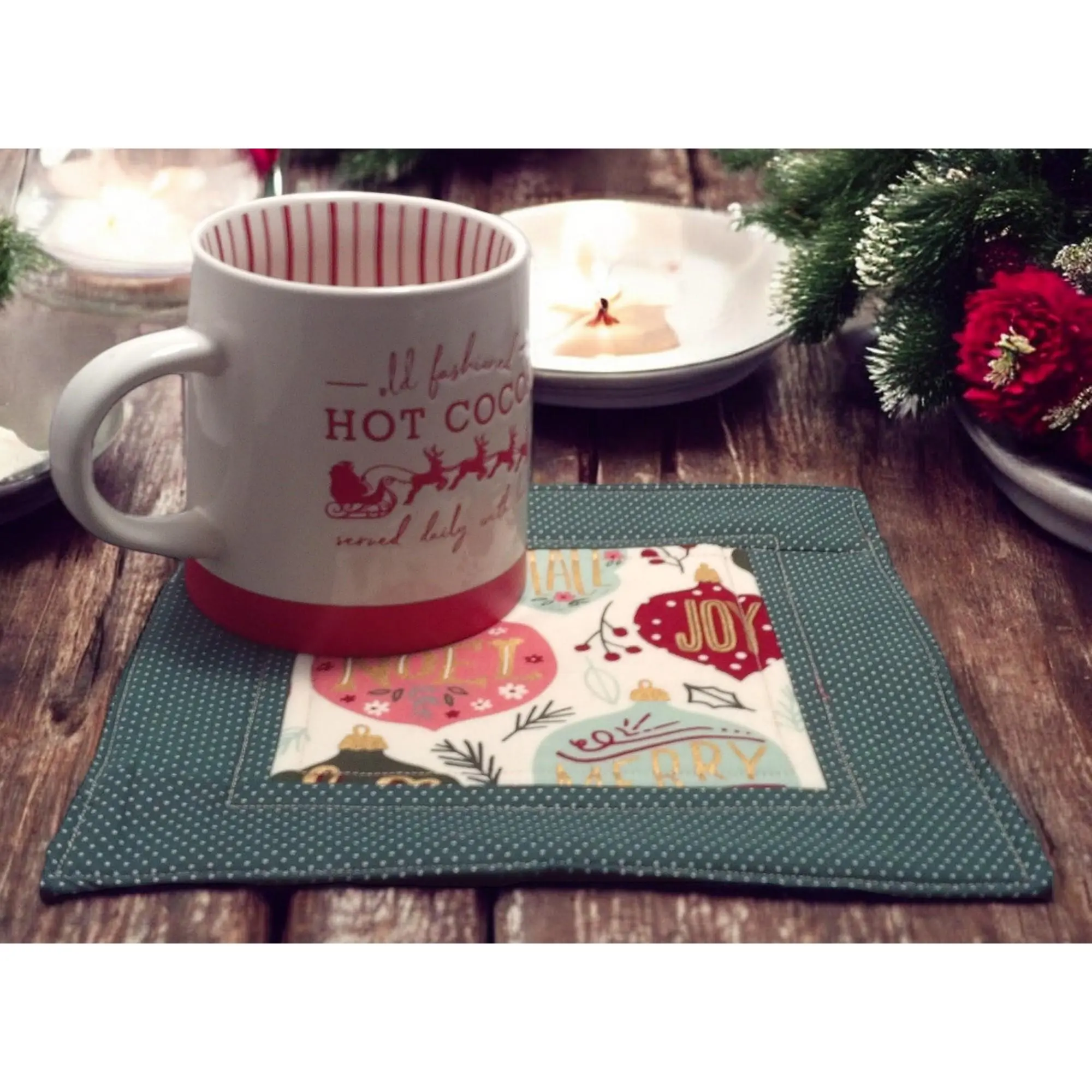 Set of 4 Christmas Mug Rugs - Large Handmade Quilted Coaster Mat - Festive Farmhouse Holiday Decor
