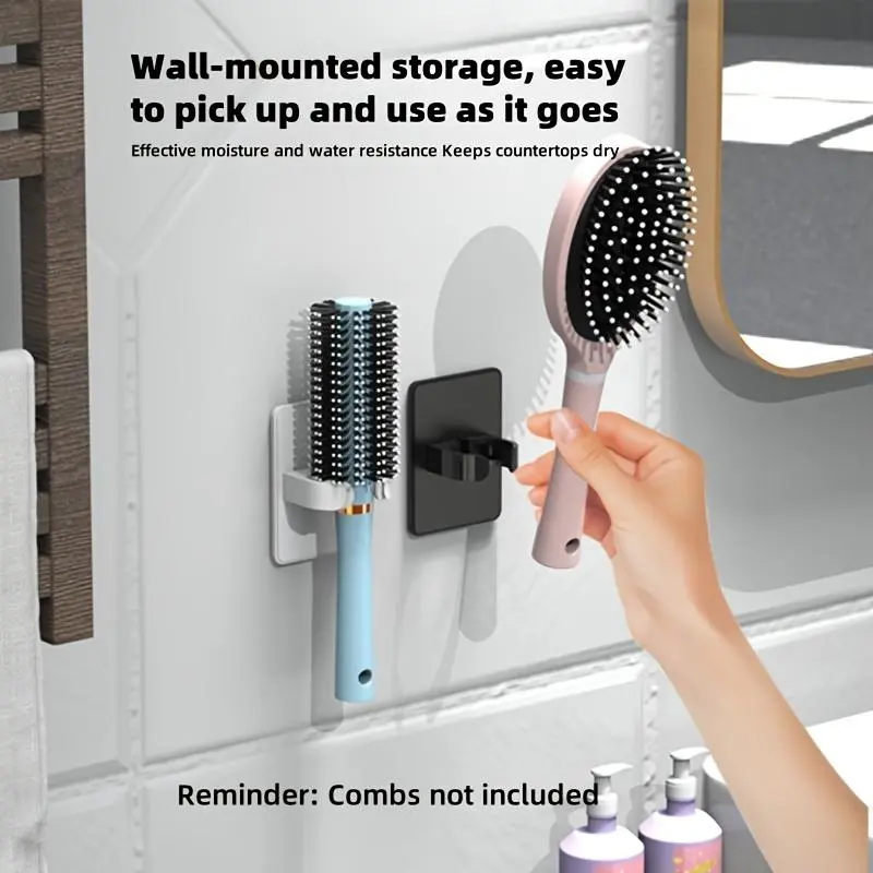 2Pcs Wall-Mounted Curly Hair Brush & Comb Storage Holder, No-Drill 2-in-1 Bathroom Gadget, Fits Most Combs, for Home Use