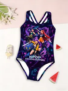 Girls Kpop Demon Hunters One-Piece Swimsuit, Anime Print Fashion Swimwear, Back Cross Straps, Beach Vacation New Swimming Suit, New Arrival