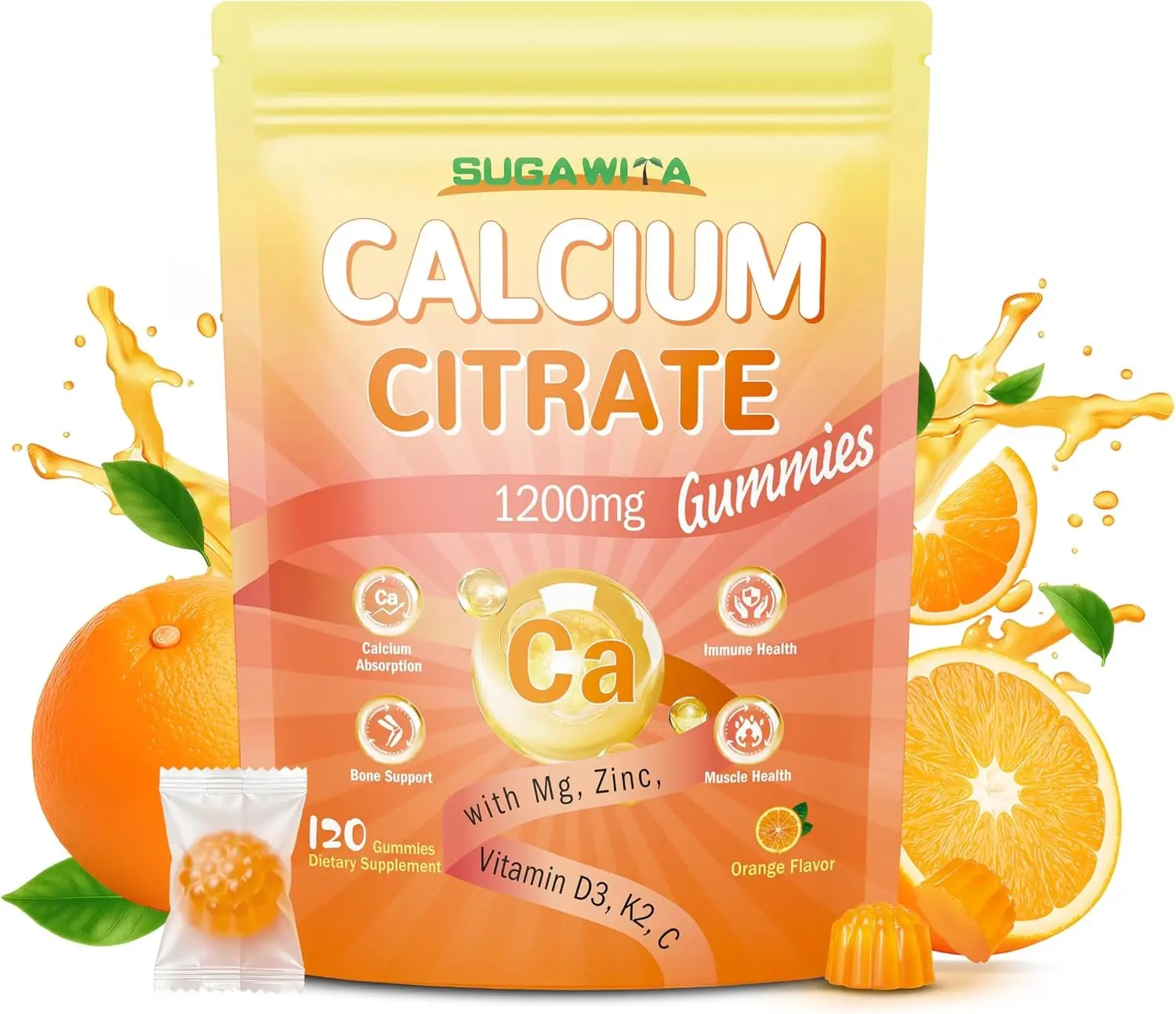 SUGAWITA Calcium Citrate 1200mg with Vitamin D3 Gummies, Calcium Supplement for Women & Men with Magnesium, Zinc, High Absorption Calcium Chewable for Bone Muscle Support, Sugar-Free, Orange Flavor, 120 Counts