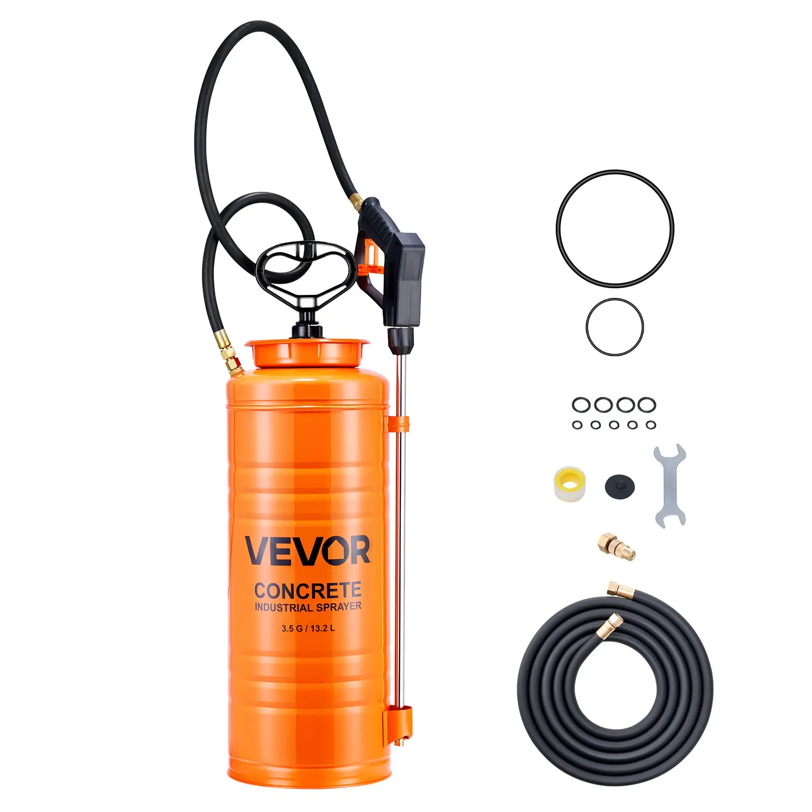 【Summerfinds】VEVOR Industrial Concrete Sprayer, 3.5 Gallon Stainless Steel Sprayer, Heavy Duty Tri-Poxy Pump Sprayers, 20.5"Wand with Ergonomic Gun Handle, 48"& 120"Hose, 2 Brass Nozzles for Construction, Garden Convenience Durable