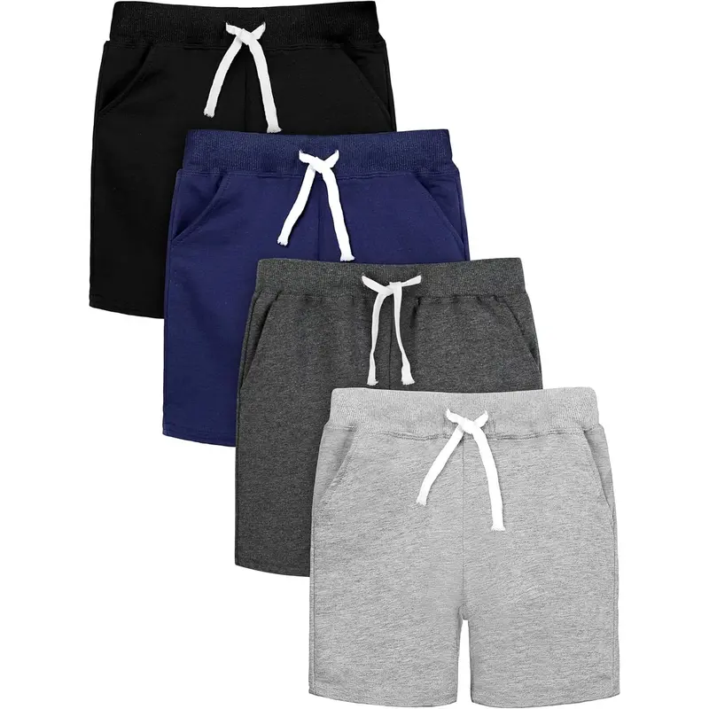 4 Pack Toddler Boy Shorts Boys Cotton Shorts Soft Casual Elastic Waist with Pockets Drawstring Kids Summer Clothes