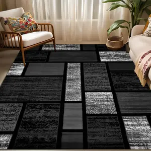 1pc Large Luxury Grey & Black Modern Bohemian/Geometric Rug Plush Large-Scale Rectangular Suitable for High-Traffic Areas Bedroom Machine Washable Soft with Non-Slip Backing