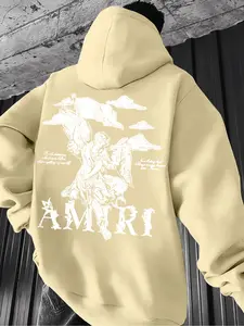 Men's Thick Casual Hoodie Sweatshirts with Angel Graphic Print, Fitted Regular Fit Streetwear, Drawstring Pocket Long Sleeve Pullover, Fall & Winter Fashion