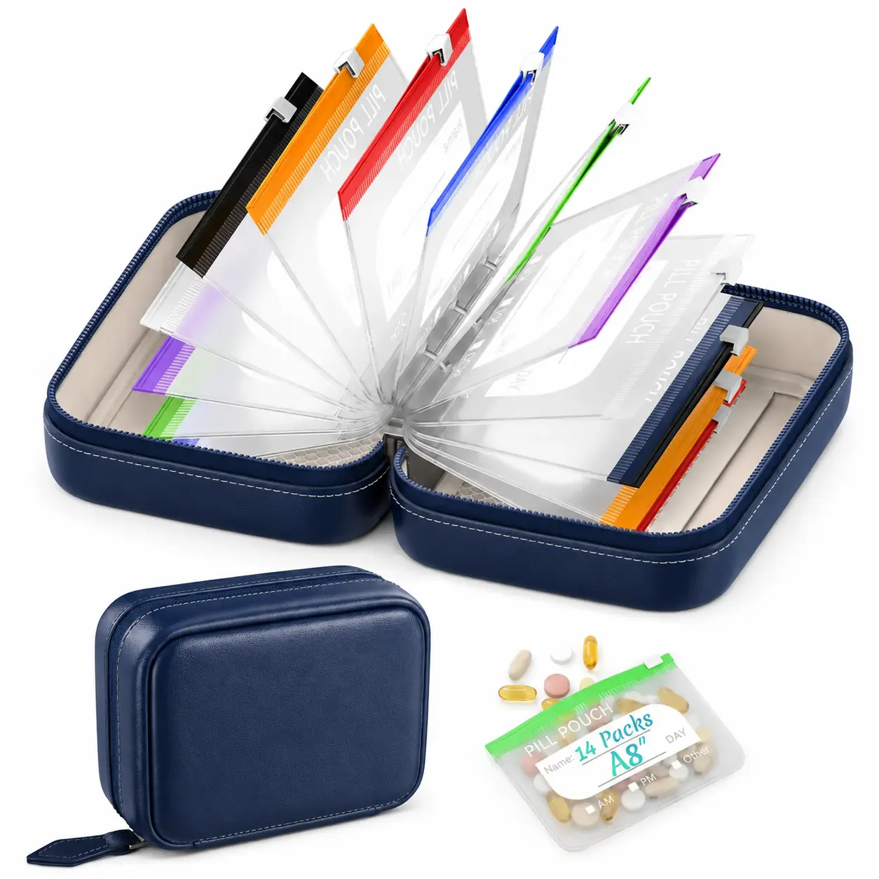 Large Travel Pill Organizer Case with 14 A8 Color-Coded Pouches, Reusable Medicine Storage Bag for Vitamins, Fish Oil, Supplements, Daily Pills & Weekly Use