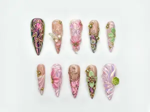 Enchanted Garden Fantasy Press On Nails | 3D Floral Nail Art | Iridescent Pink Luxury Nails | Handmade Long Sculpted Nails | JB190EC