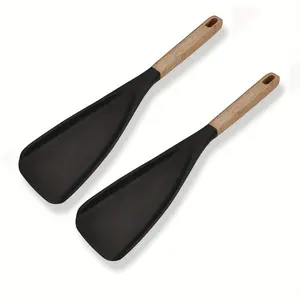 Non-Stick Cookware Cooking Spoon with Extended Wooden Handle, Silicone Spatula Spoon for Mixing, Scooping and Scraping, Silicone Spatula Set