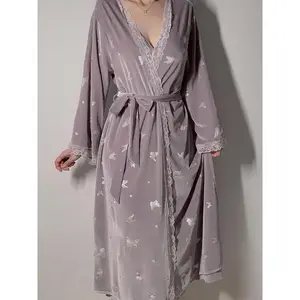 Women's Butterfly Print Contrast Lace Belted Velvet Robe, Casual Long Sleeve Dressing Gown, Ladies Sleepwear for Fall & Winter