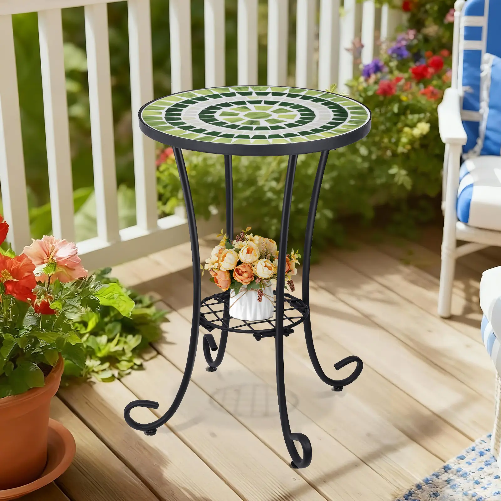 MUMTOP 14-in Round Ceramic Top Foldable Side Table - Artistic Mosaic, Iron Frame, Black Accent, Lightweight Outdoor Patio Piece, Portable for Living Room Decor, Lightweight Outdoor Table