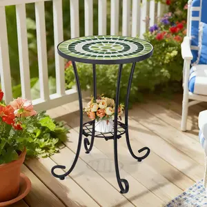 Mosaic Outdoor Side Table, 14" Round Folding Plant Stand for Patio Garden Backyard Balcony Porch Indoor Accent End Table for Living Room, Ceramic Tabletop with Black Iron, Green