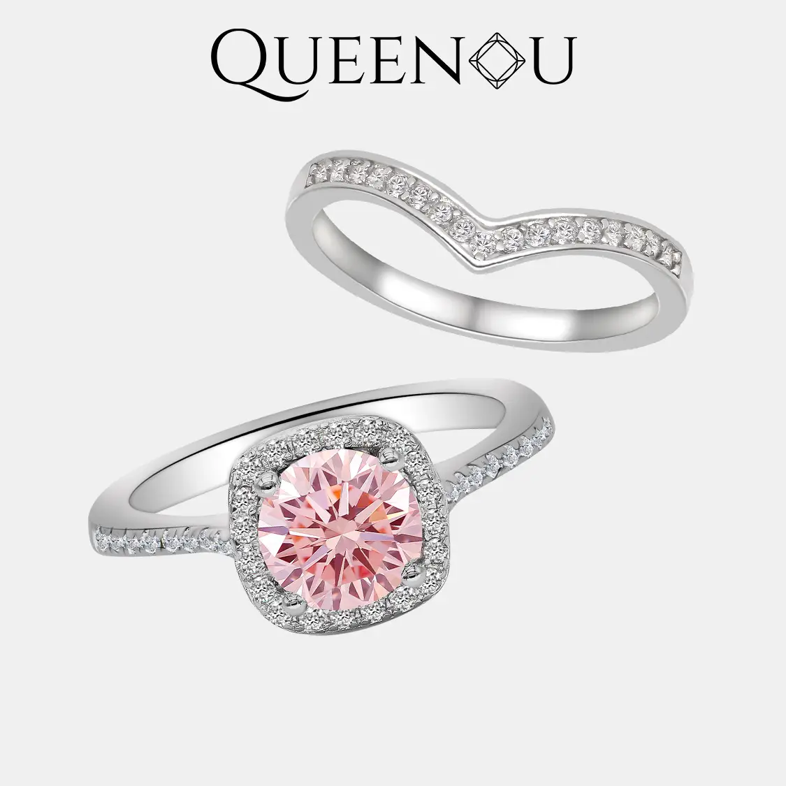【120】Synthetic Moissanite Ring with V Band Ring – Fashionable Engagement/Wedding Jewelry for Women, Perfect for Daily Wear