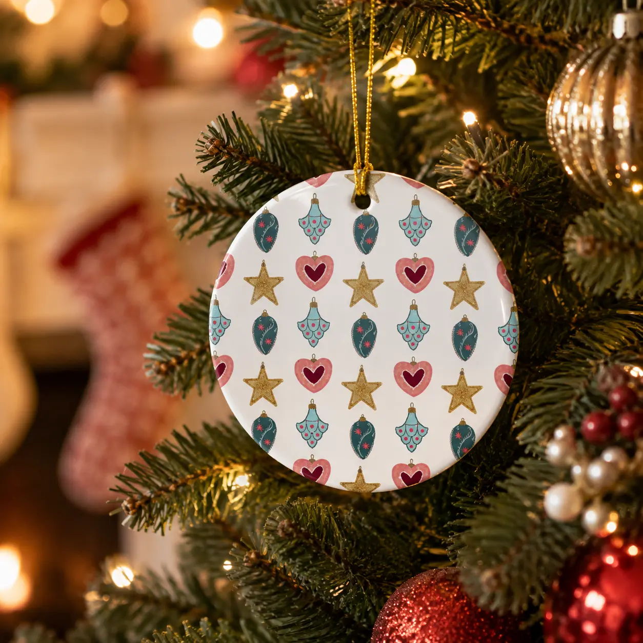Vintage Christmas Ornament, Retro Ceramic Ornament, Mid Century Holiday Decor, Teal Pink Christmas Ornament, Retro Christmas Gift