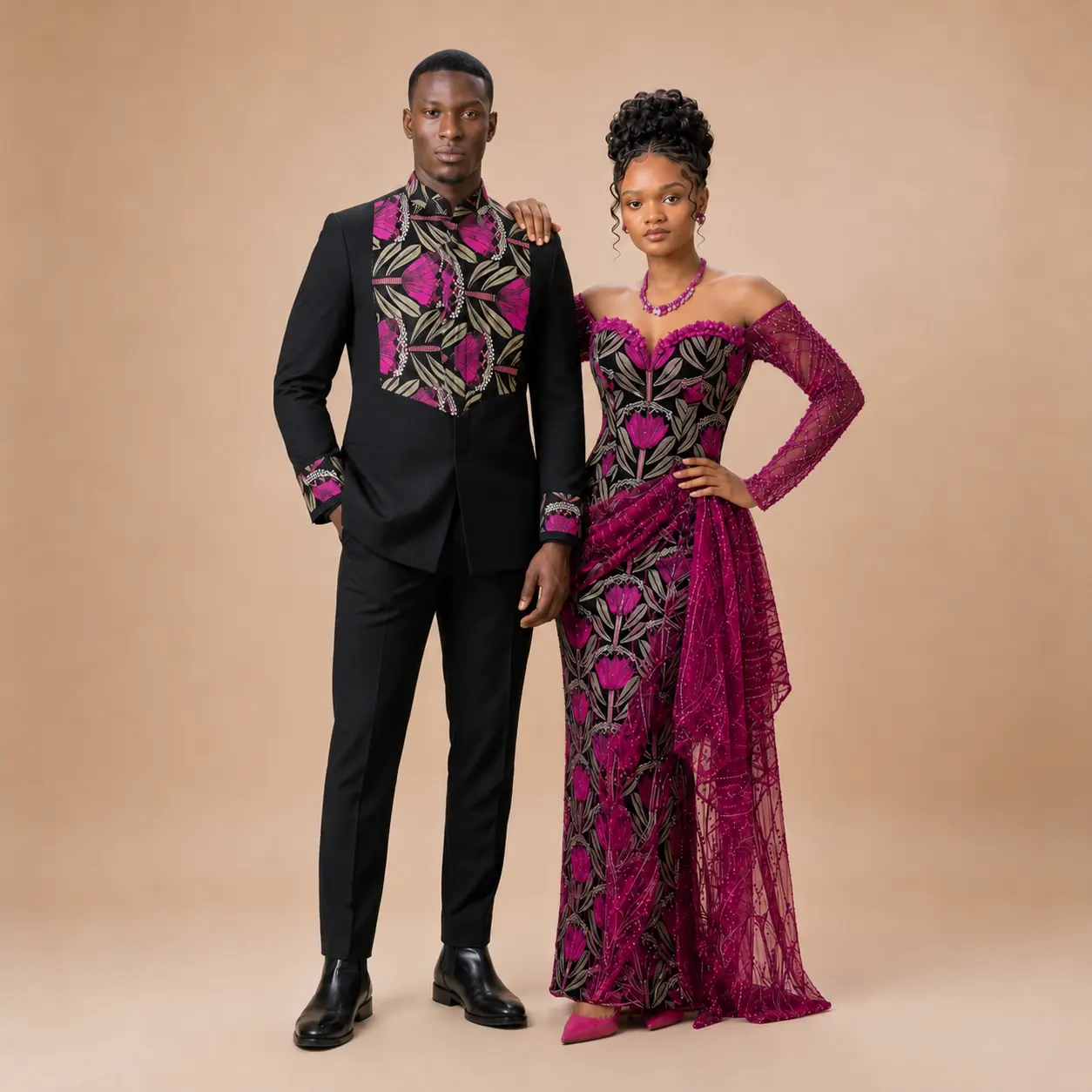 2-Pcs Soulmates His & Hers Couple Clothing Set - Handmade Floral African Prints Outfit, Elegant Beaded Off-Shoulder Women's Gown & Men's Mandarin-Collar Top for Weddings, Engagements, Pieces