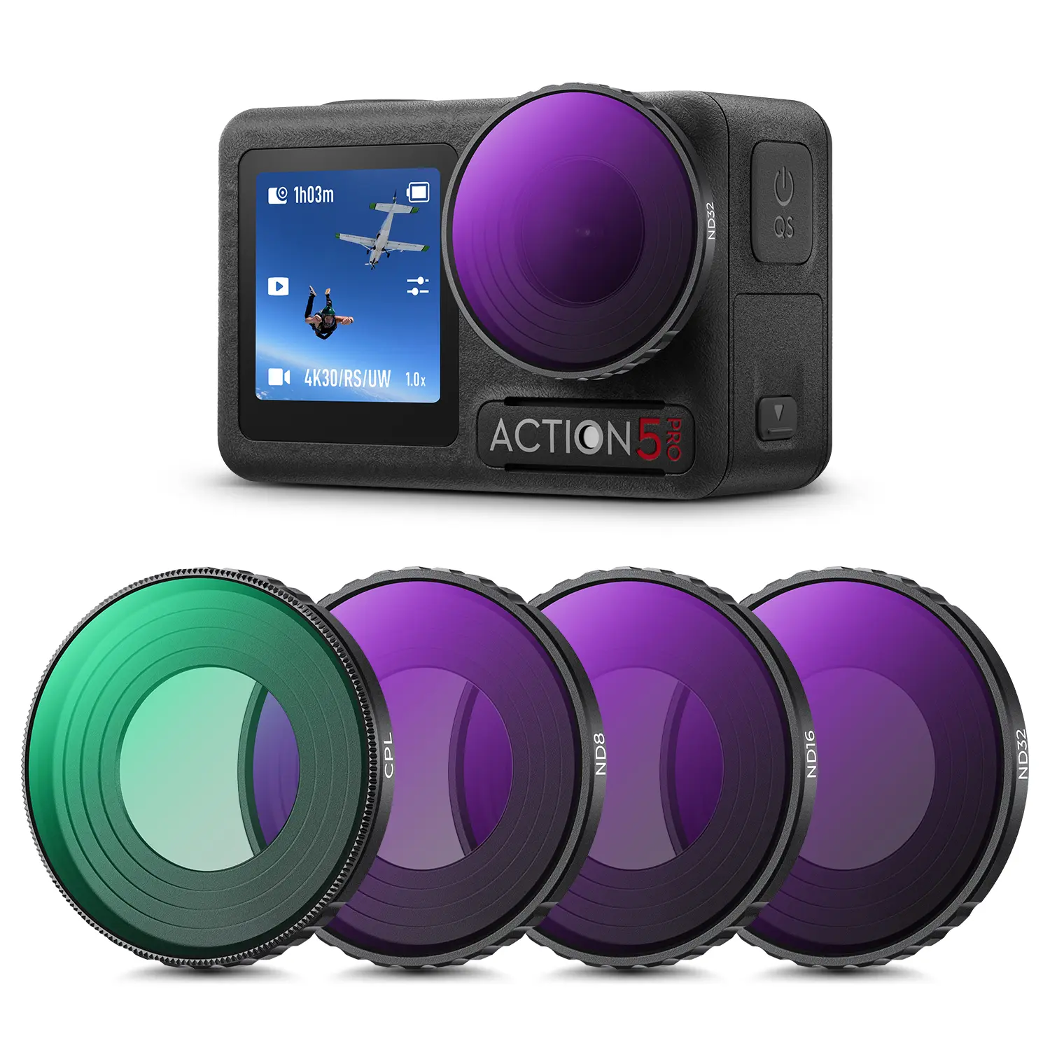 K&F Concept ND PL Filter Kit Compatible with DJI Osmo Action 5 Pro/Osmo Actioin 4, 4 Pack CPL ND8 ND16 ND32 Screw On Polarizing Neutral Density Filter, HD Optical Glass/Multi-Coated/Metal Frame