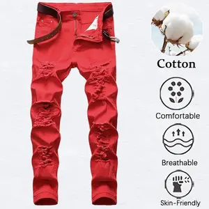 Men's Red Distressed Ripped Jeans – Comfort Cotton Breathable Skin-Friendly Slim Fit Denim Pants for Streetwear