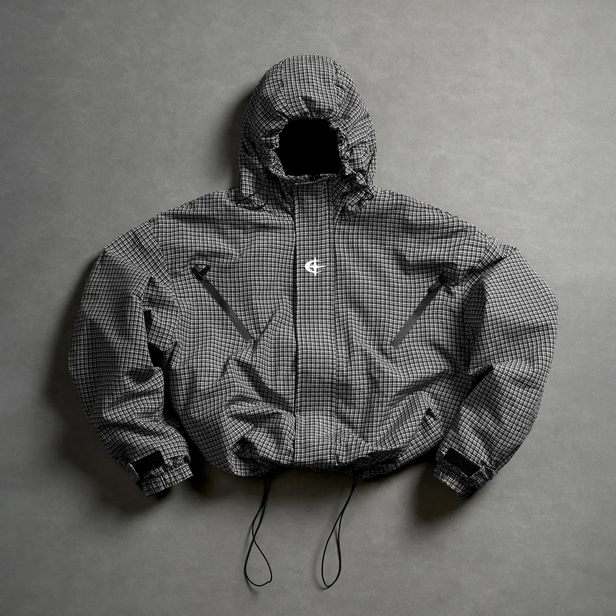 Men's black and white plaid hooded windbreaker jacket, checkered zip-up techwear streetwear coat
