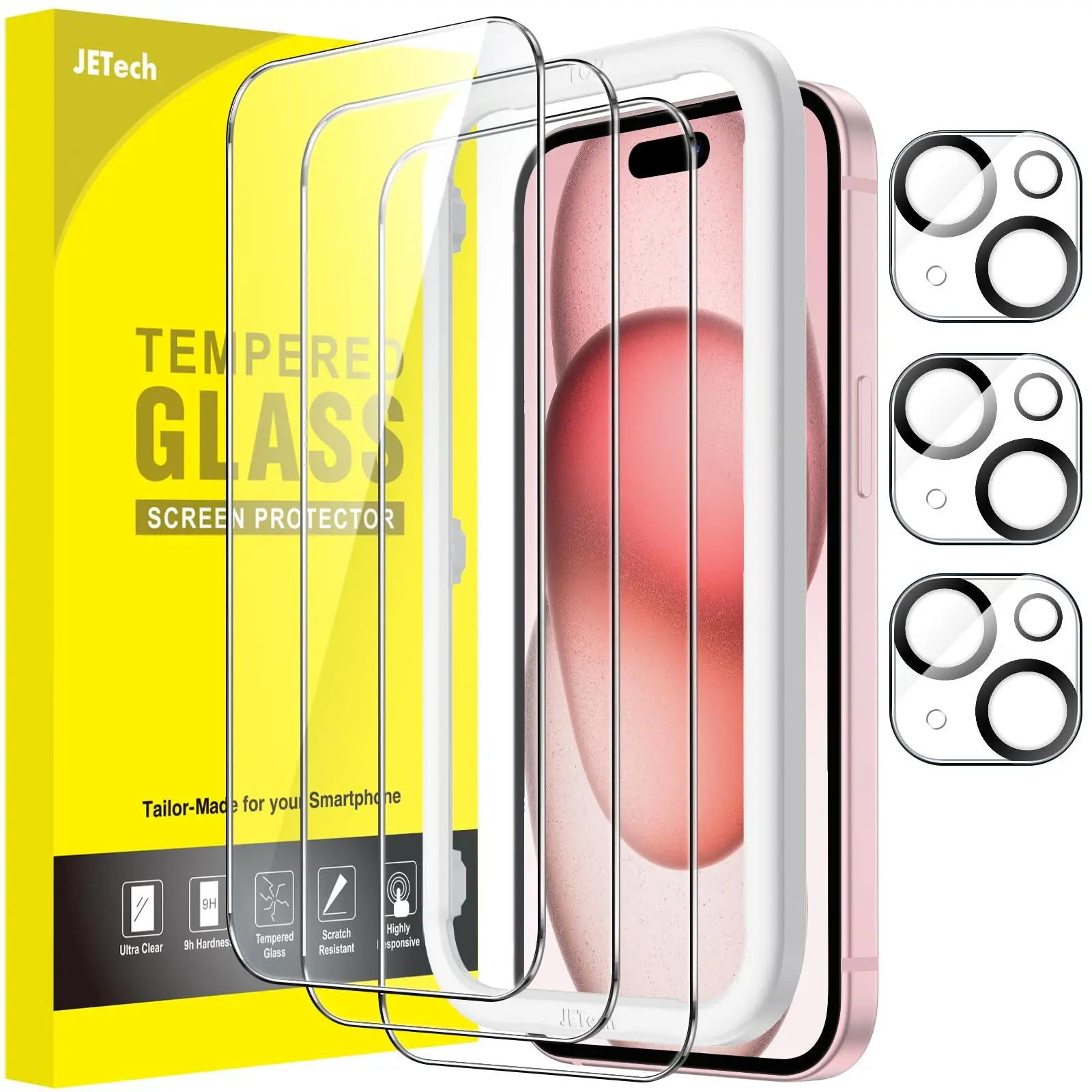 JETech Tempered Glass Screen Protector & Camera Lens Protector for iPhone 15 Series Smartphone, 3-Pack, Bubble-Free, Easy Installation Tool, HD Clear, Cellphone Protection Accessories, Flash-Compatible