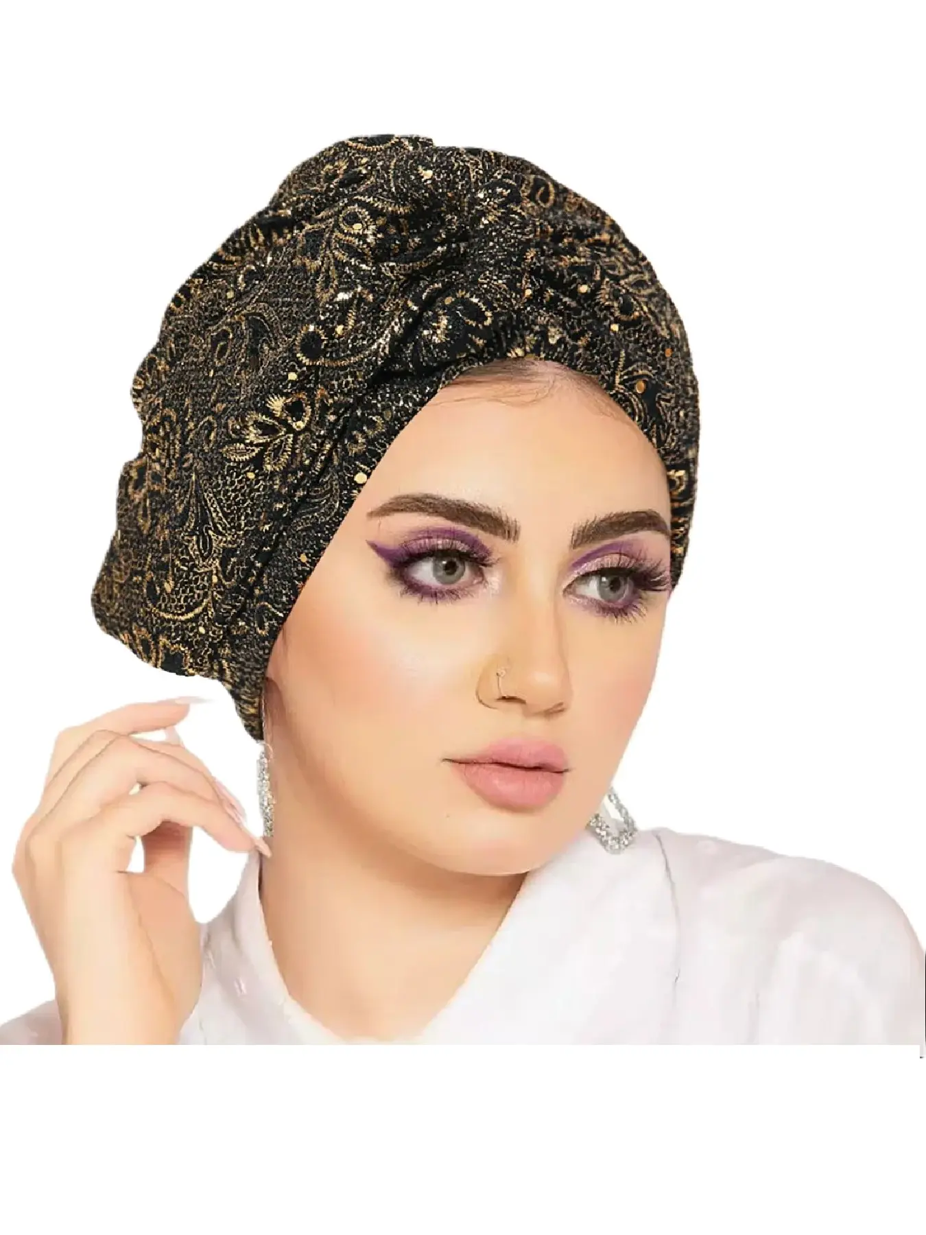 Women's Fashion Casual Hat, Sequined Detailing Crinkle Fabric Knot Design Headscarf Cap, Round Buckle Snood Hat, European and American Style, Turban Hijab