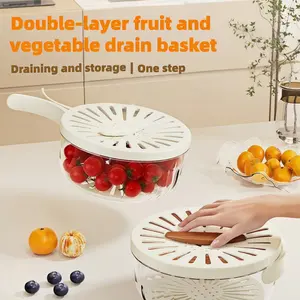 Multifunctional Colander Basket with Lid, Refrigerator Storage Bowl with Drain Tray, Foldable Handle Fruit/Vegetable Washer for Kitchen & Outdoor Use