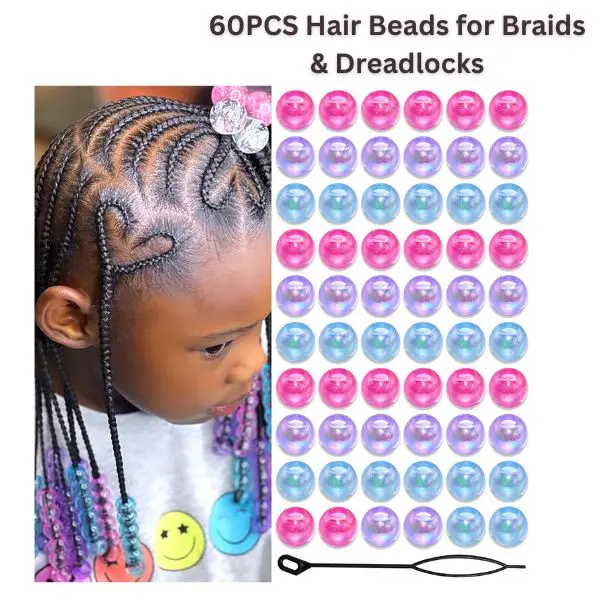 60PCS Hair Beads for Braids & Dreadlocks – Large Hole Pony Beads Spacer Beads Set for Hair Braiding Jewelry Accessories for Kids Girls, Colorful Blue Purple Pink Loc Beads