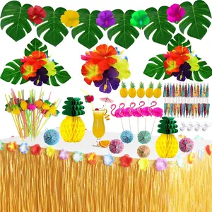 Tropical Luau Party Decorations Set Hawaiian Beach Theme Party Favors Luau Party Supplies with 9ft Luau Grass Table Skirt, Palm Leaves, Hibiscus ,  Fruit Straws,  and Pineapple Decors