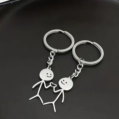 Cute Cartoon Stickman Design Heart Keychain, Fashionable Stainless Steel Keychain for Women & Men, Trendy All-match Keychain for Birthday Gift