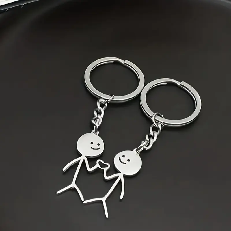 Cute Cartoon Stickman Design Heart Keychain, Fashionable Stainless Steel Keychain for Women & Men, Trendy All-match Keychain for Birthday Gift