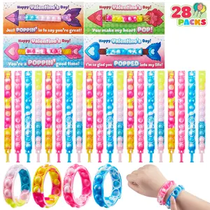 JoyX 28 Packs Valentine's Day Cards with Pop Fidget Bracelet Toy Pop Bubble Fidget Toys for Kids Valentine School Classroom Exchange Gift Cards