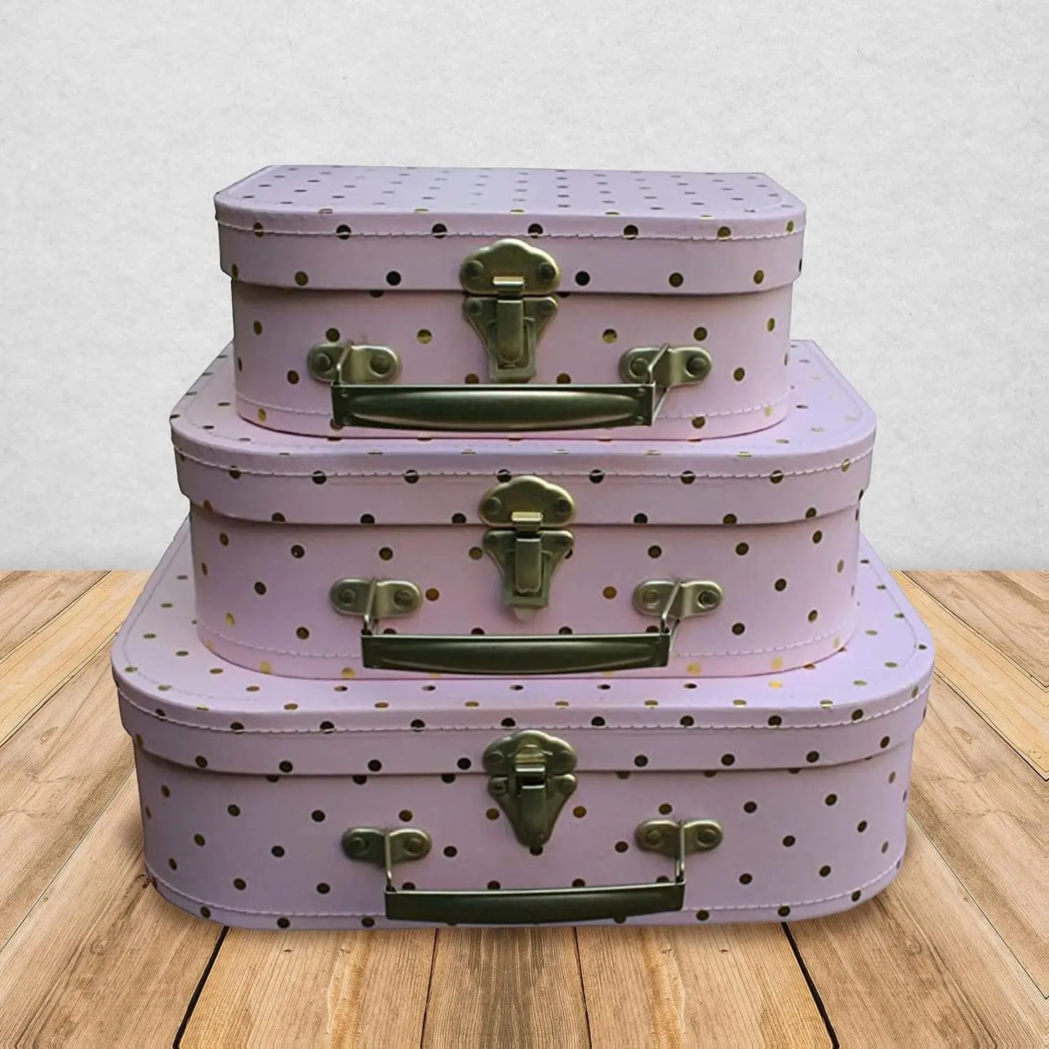 wald imports - Set of 3 Paperboard Suitcases -Decorative Storage Boxes - Suitcase Set for Decoration, Storage, and More (Pink and Gold)