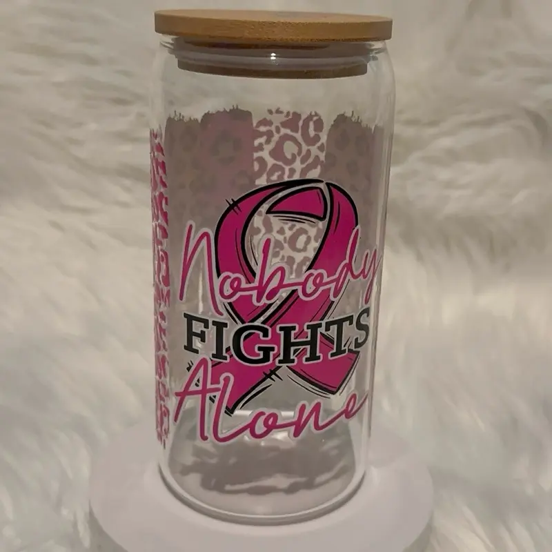 Libby Cup Cancer - Nobody Fights Alone Design with Pink Leopard Print Motif