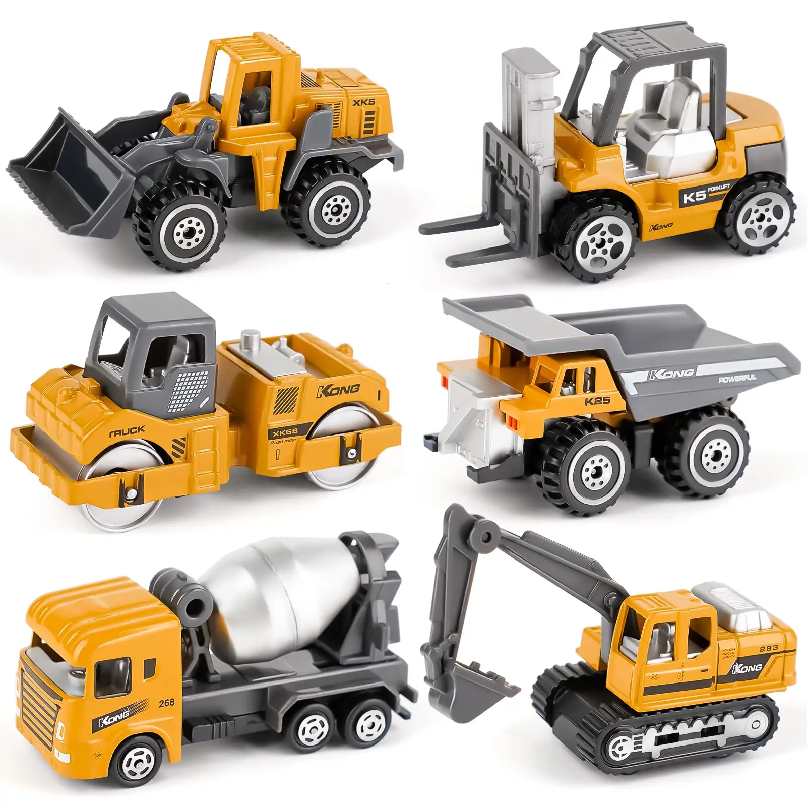 Dreamon Kids Diecast Construction Vehicles, 6pcs Metal Engineering Cars Set Toys Play Trucks for Boys Age 3-4, Birthday Party Supplies Cake Topper