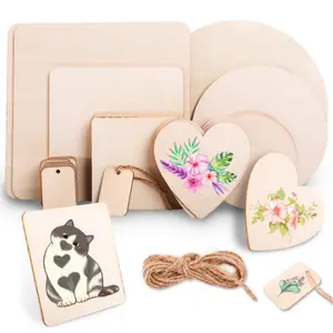 65 Pieces Untreated Wooden Board for Crafts, Round Square Heart-Shaped Wooden Discs Blanks Pyrography Painting Writing Staining Wooden Plate Set for DIY Crafts, Party Decoration