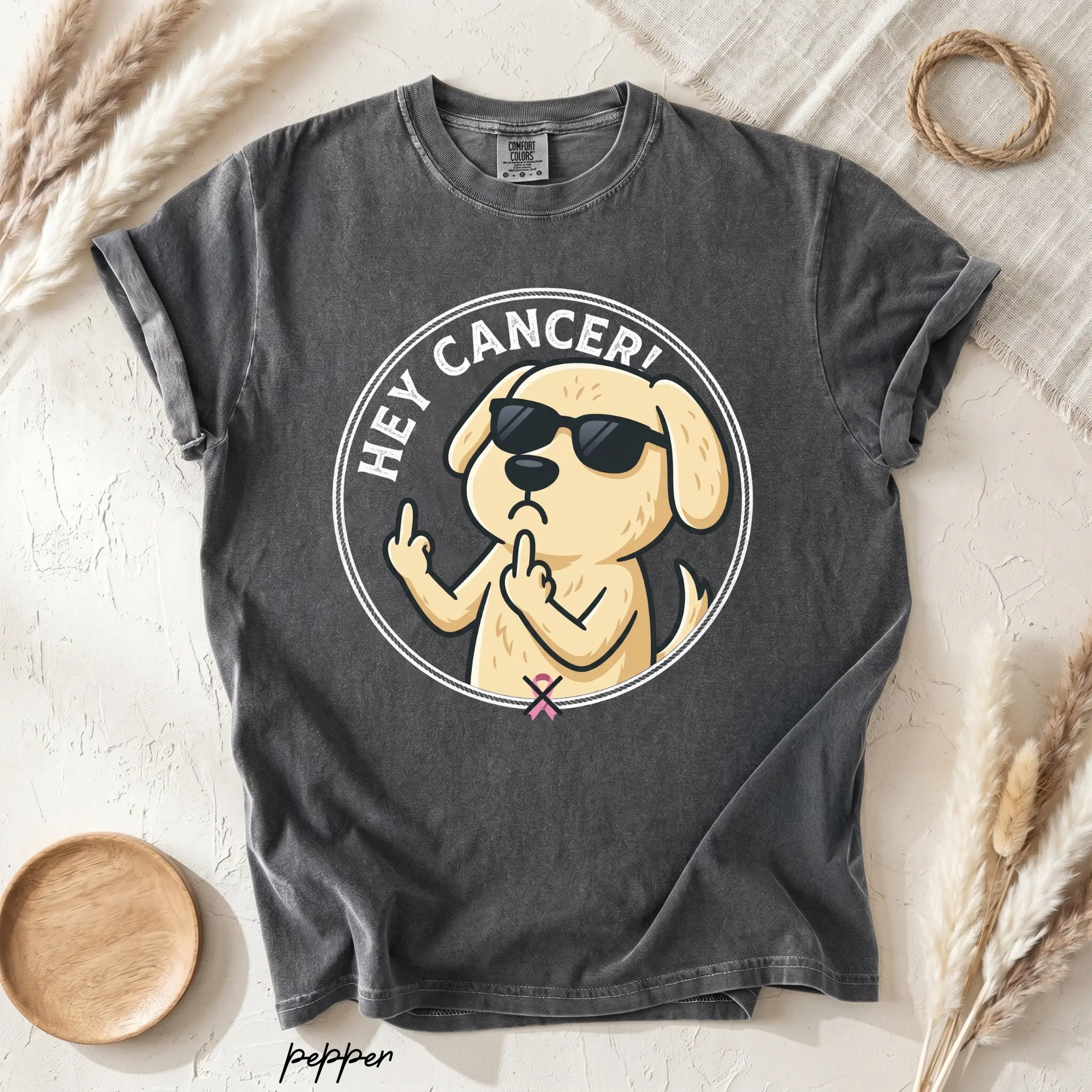 Comfort Colors Hey Cancer Awareness T-Shirt, Funny Dog Graphic Tee, Pink Ribbon Cancer Warrior Shirt, Survivor Support Gift for Women Men, Pepper Gray Top