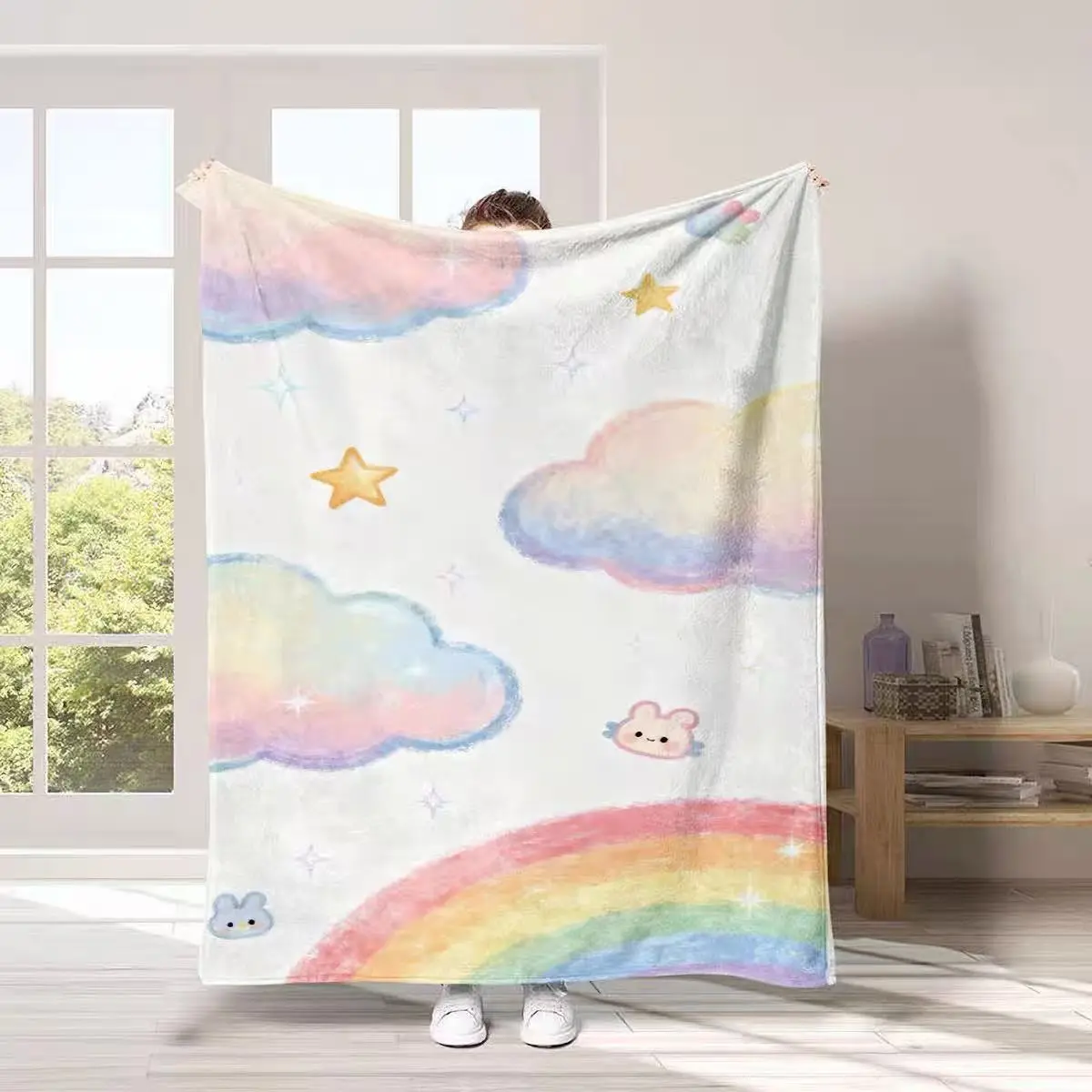 Pastel Rainbow Cloud Blanket, Cute Cloud & Star Throw for Bedroom, Couch and Cozy Home Decor