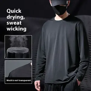 Men's sun-protective quick-dry mesh long-sleeve T-shirt Ice silk thin sports fitness running top Loose plus-size round-neck base layer